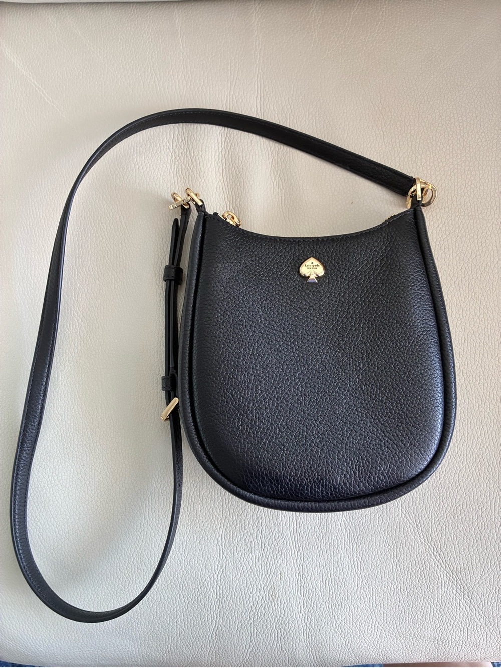 kate spade Kayla Black Pebbled Leather Crescent Crossbody with Gold Accent